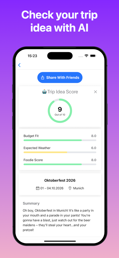 FlowTrip AI Group Trip Planner - A smartphone screen displaying the FlowTrip AI trip idea score evaluation for an Oktoberfest trip in Munich.