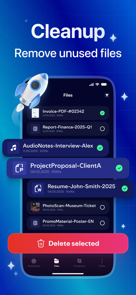 Cleaner Rocket - Cleaner Rocket app interface for deleting unused files and documents