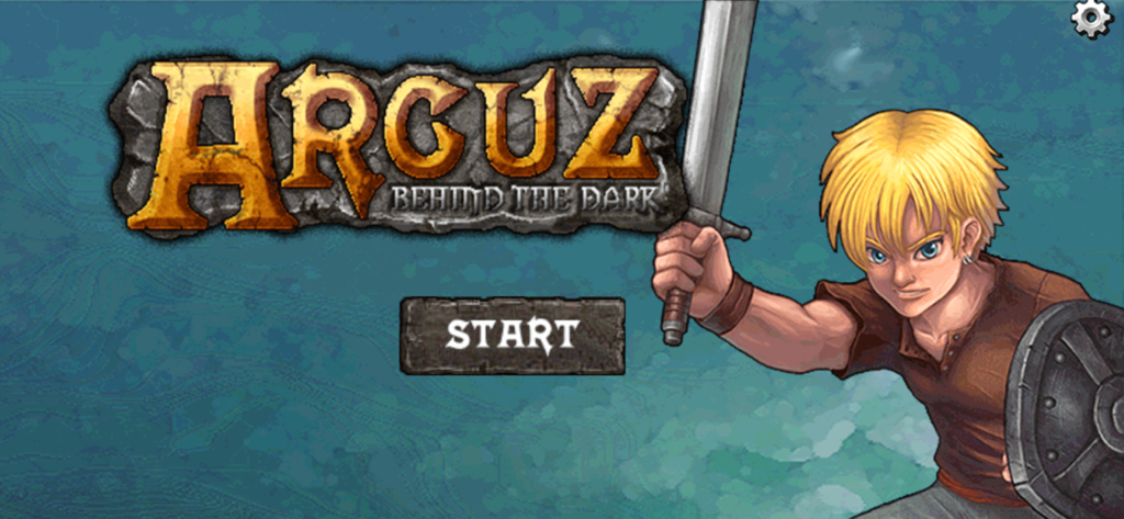 Écran titre du jeu mobile Arcuz Behind the Dark montrant un héros avec une épée et un bouclier et un bouton de démarrage.