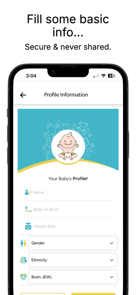 A smartphone screen showing the baby profile setup page in the Pacified app with fields for name date of birth weight and gender