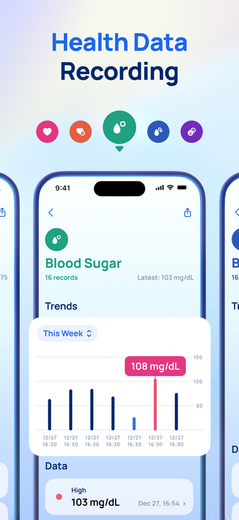 Ease app health data recording screen for blood sugar tracking and trends