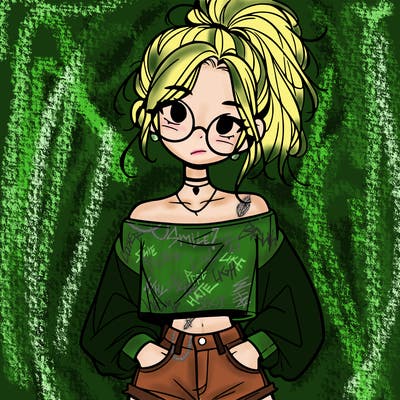 girl with a messy ponytail glasses a baggy crop top and jean shorts