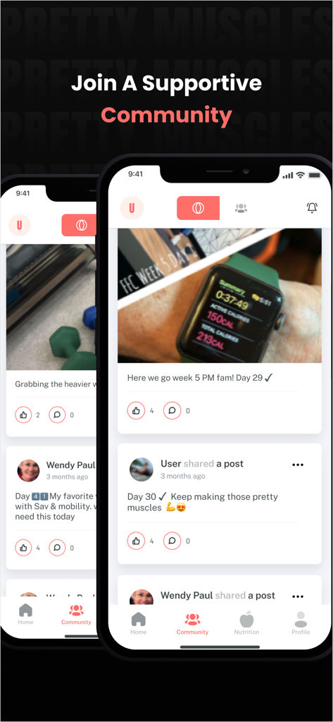 PRETTY MUSCLES by Erin Oprea - Screenshot showing the supportive community social feed within the Pretty Muscles by Erin Oprea app