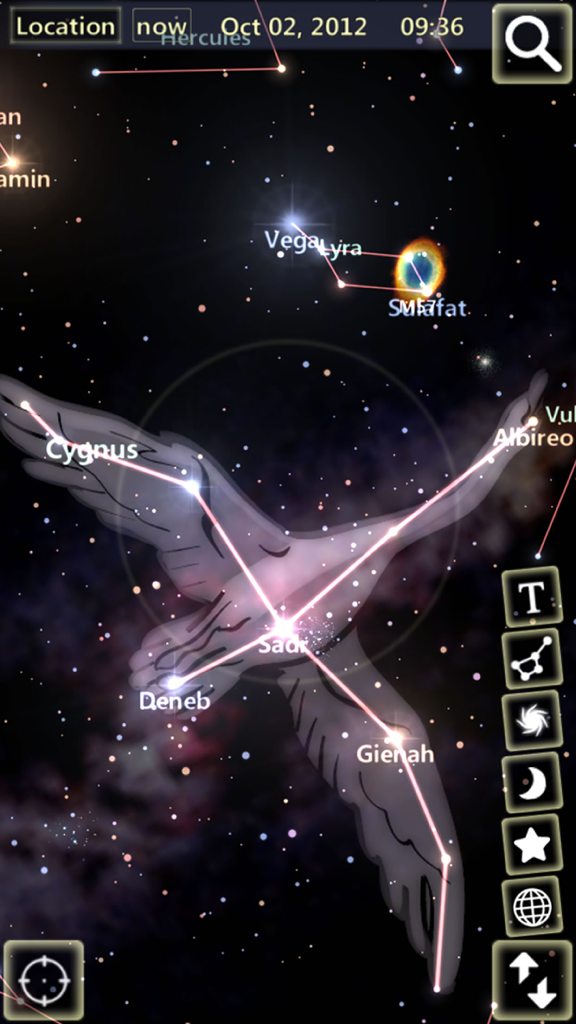 Augmented reality view of the Cygnus constellation and stars in the StarTracker app interface.