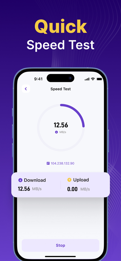 Interface do aplicativo AI Defender realizando um teste rápido de velocidade de rede mostrando dados de download e upload
