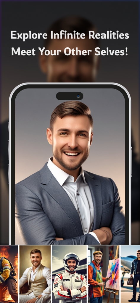 동일 인물의 전문적인 프로필 사진과 다양한 캐릭터 변환을 보여주는 Portrait AI 앱 화면