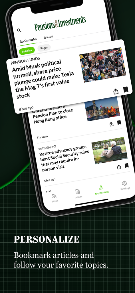 Pensions & Investments - 年金・投資モバイルアプリのブックマーク機能のスクリーンショット。年金基金と退職関連トピックの記事が表示されています。