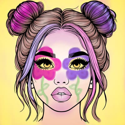 realistic girl with two buns on her hair and lips