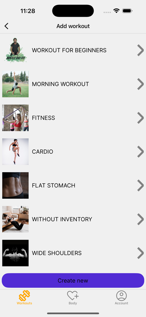 Workouts - TrainingDay - List of predefined workout categories in the TrainingDay app including beginner and morning routines