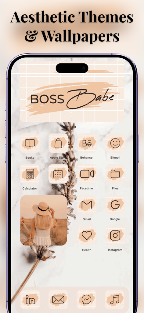 Lock Screen 26: Widgets & Icon - Beige Boss Babe aesthetic theme with custom app icons and widgets for iPhone customization