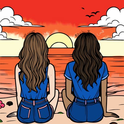 two girls bestfriends staring at the sunset on the beach