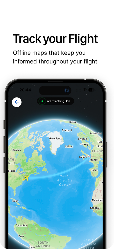 iPhone screen displaying a flight tracking path across the North Atlantic Ocean on a 3D globe map