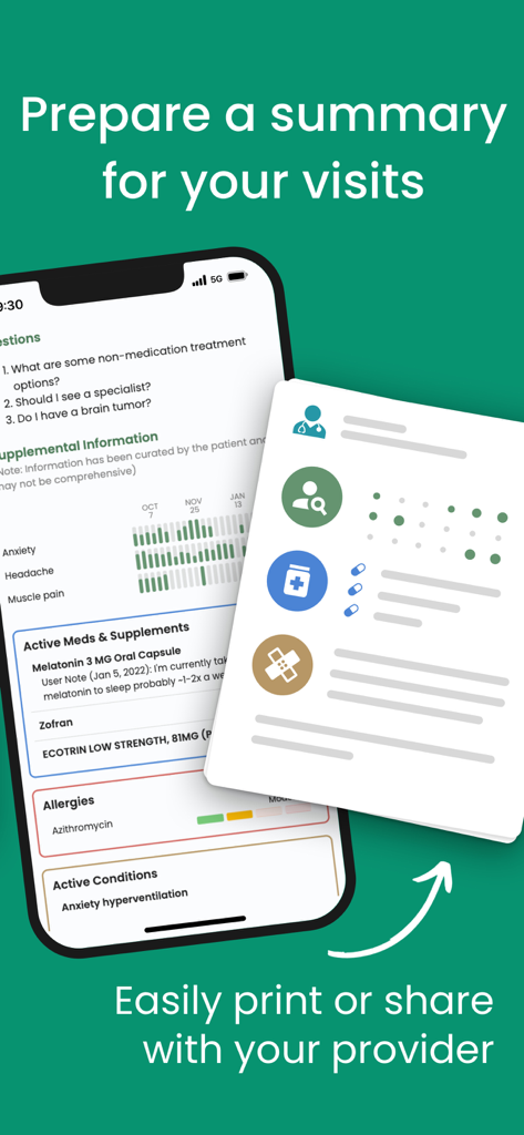 Guava: Health Tracker - Guava health tracker app interface showing a comprehensive medical history summary for doctor visits including symptoms and medications