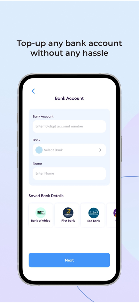 PayQin mobile app interface for topping up bank accounts with logos for Bank of Africa and First bank