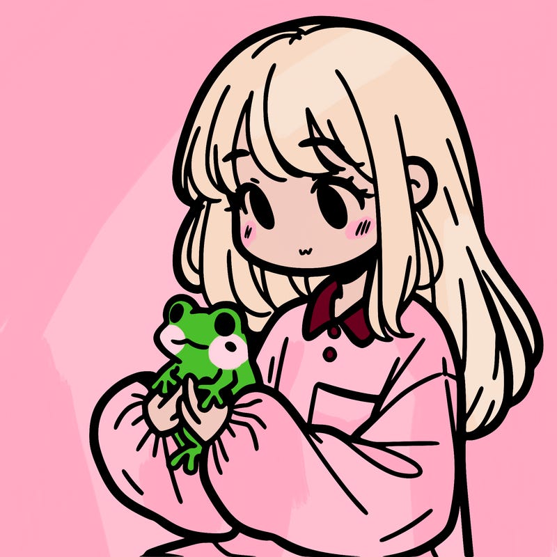 girl with long hair and a oversized shirt. and she is holding a frog