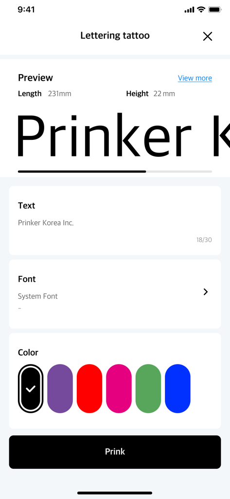 Prinker app interface for customizing lettering tattoos with text font and color options