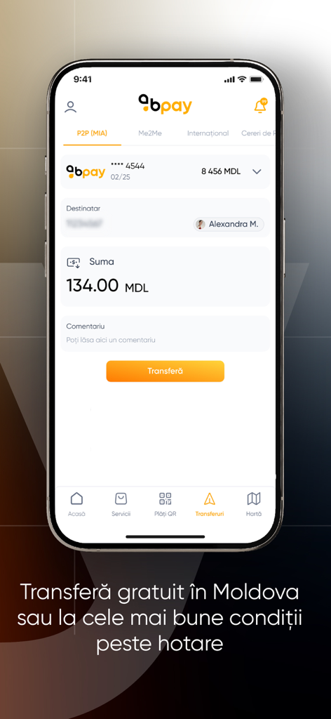 BPay mobile app screen showing a peer to peer money transfer in Moldovan Leu