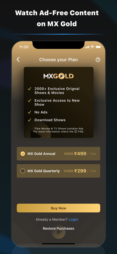 MX Player - Pantalla de suscripción MX Player Gold que muestra planes de transmisión sin anuncios y contenido original exclusivo.
