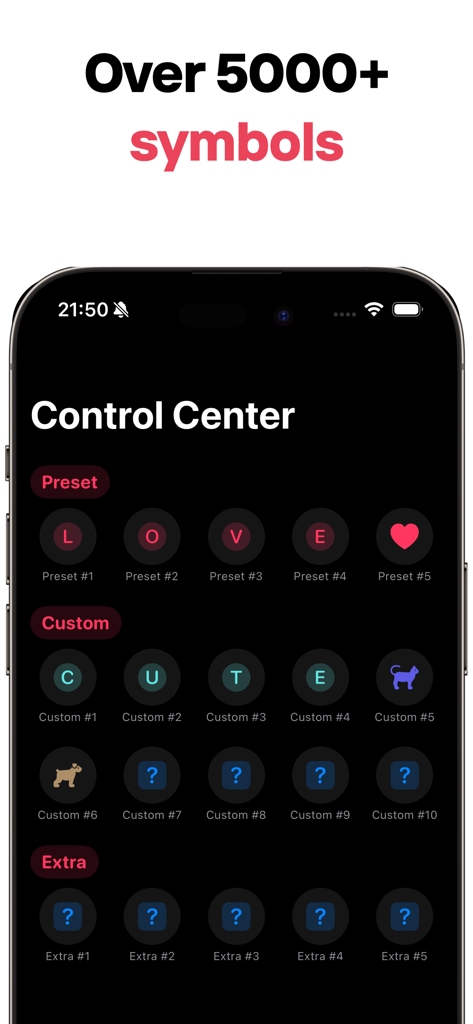 Widgets: Cute Control & Themes - Interface of the Cute Control app showing various custom icons and symbols for the iOS 18 Control Center customization.