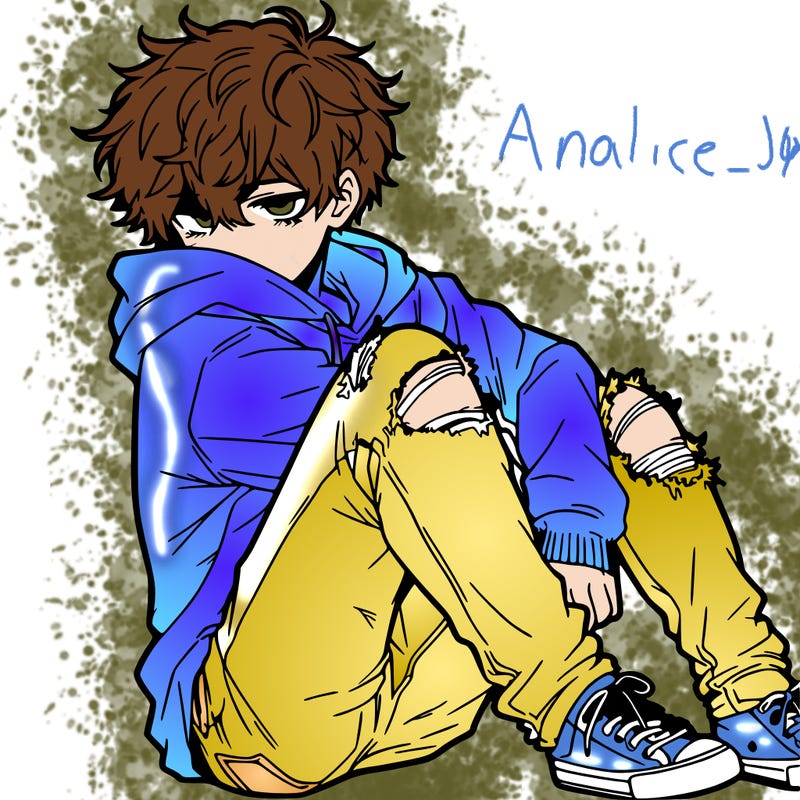 a male hoddie ripped jeans messy hair anime