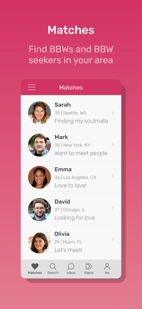 BBW Romance Dating - Matches screen in the BBW Romance Dating app showing a list of user profiles with photos, ages, and locations.