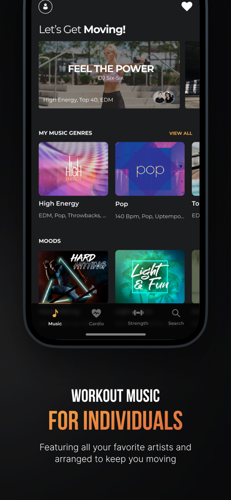 Fit Radio: Train Inspired - Fit Radio app screen showing DJ-curated workout music categories for high-energy fitness training.