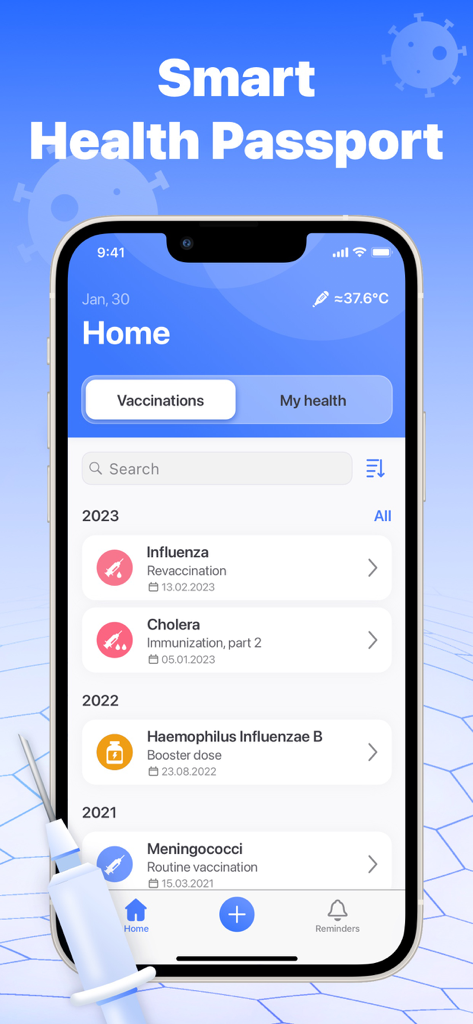 Vaccine & Immunization Record - A smartphone showing the home screen of a vaccine tracker app with a list of immunizations and a Smart Health Passport header