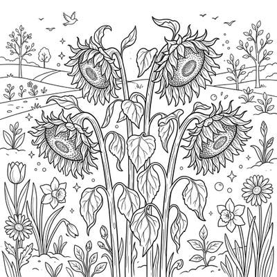 Discover a unique coloring experience featuring majestic wilting sunflowers gracefully integrated into a vibrant spring landscape. This artistic design captures the beauty of nature's ongoing cycle, inviting you to bring life and color to every detail.