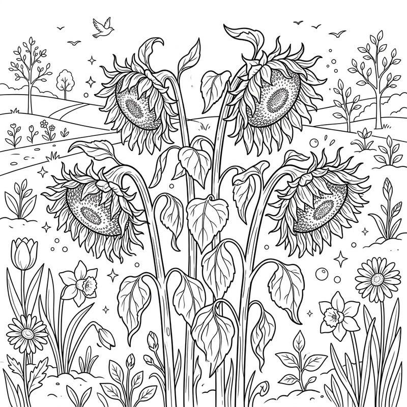 Discover a unique coloring experience featuring majestic wilting sunflowers gracefully integrated into a vibrant spring landscape. This artistic design captures the beauty of nature's ongoing cycle, inviting you to bring life and color to every detail.