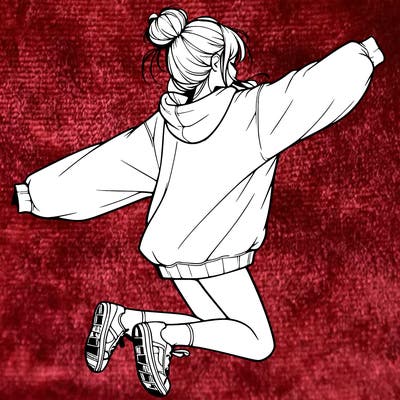 realistic girl jumping with a bun and oversized sweatshirt