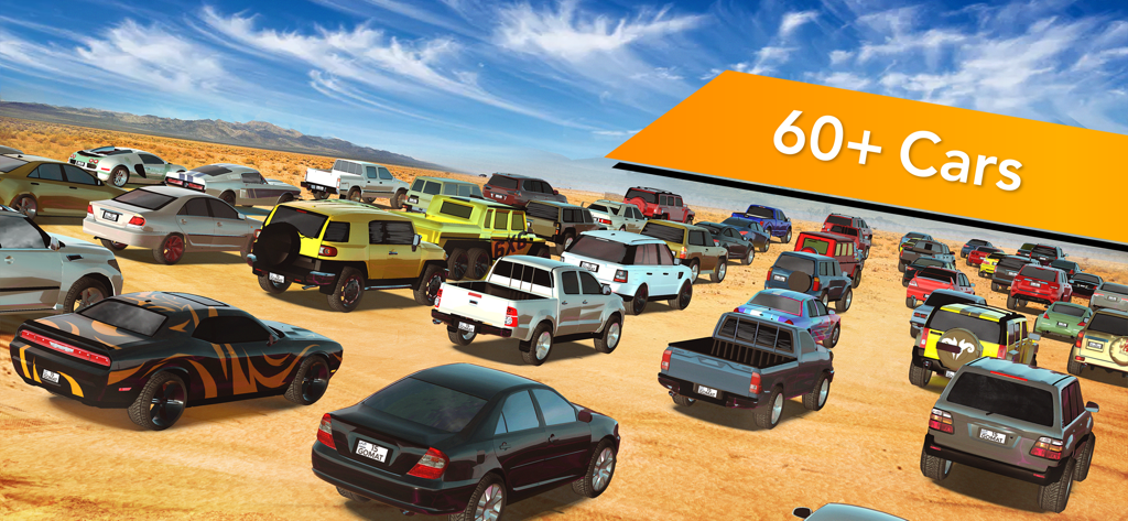A collection of over sixty different cars in a desert setting from the Gomat racing game
