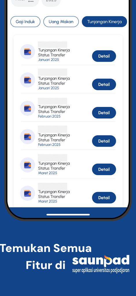 SAUNPAD - SAUNPAD app interface displaying a list of monthly performance allowance transfer statuses