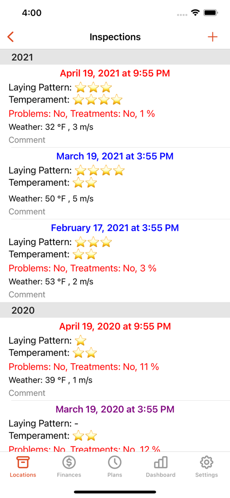 Beekeeping app showing a list of past hive inspections with laying pattern and temperament ratings