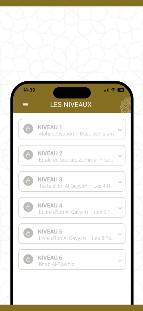 Al Rissalah app interface showing structured Islamic learning levels from basic to advanced topics