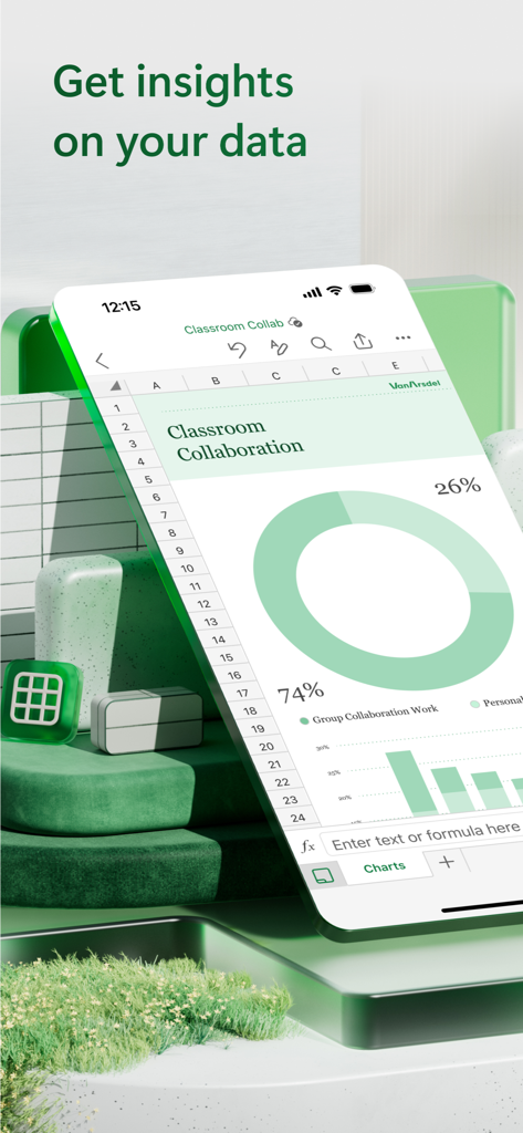 Microsoft Excel mobile app showing a spreadsheet with a donut chart and bar graph on an iPhone