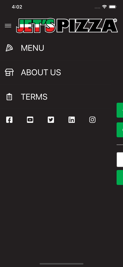 Menu de navegação do aplicativo móvel Jets Pizza mostrando links para o menu sobre nós termos e ícones de mídia social