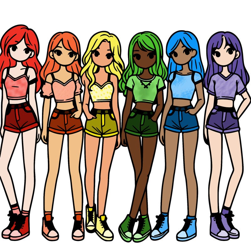 a group of girls wearing crop tops and shorts