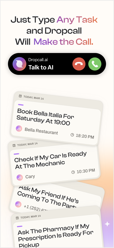 Dropcall: AI Voicemail & Phone - Dropcall app interface showing AI call missions for booking a restaurant checking car status and pharmacy pickups