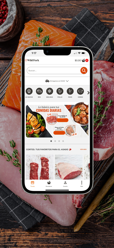 Wild Fork Mexico app home screen showing meat categories and product offers