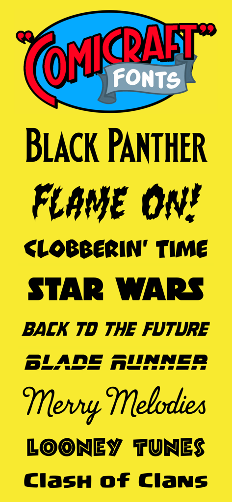 Comic Caption Meme Maker Lite - A list of licensed Comicraft fonts featuring styles from Black Panther and Star Wars