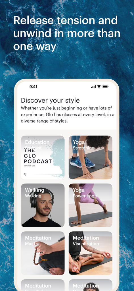 Smartphone screen showing Glo app yoga and meditation class categories