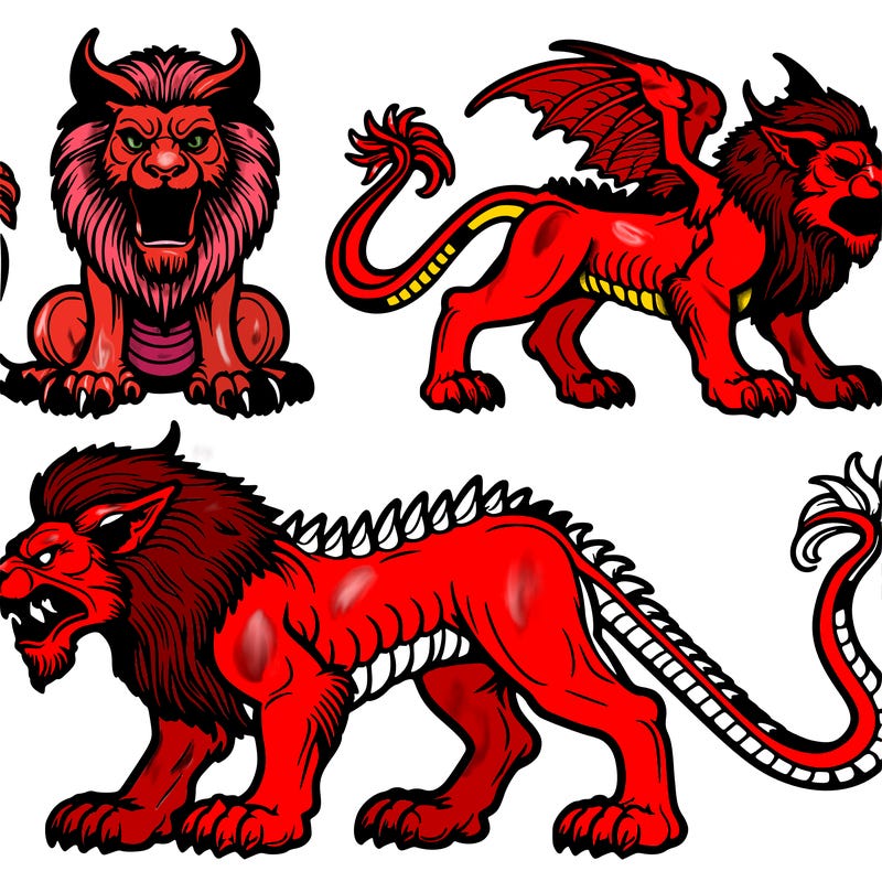 manticore - legendary creature with the body of a lion, a human head with three rows of sharp teeth, and a tail with poisonous spines