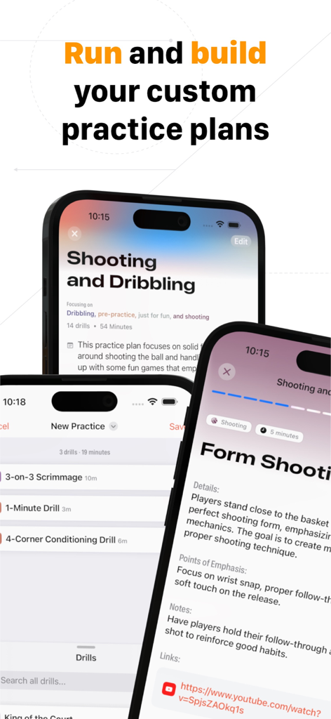 Screenshot dell'app Elite Hoops che mostra l'interfaccia per creare piani di allenamento personalizzati di basket e dettagli degli esercizi.