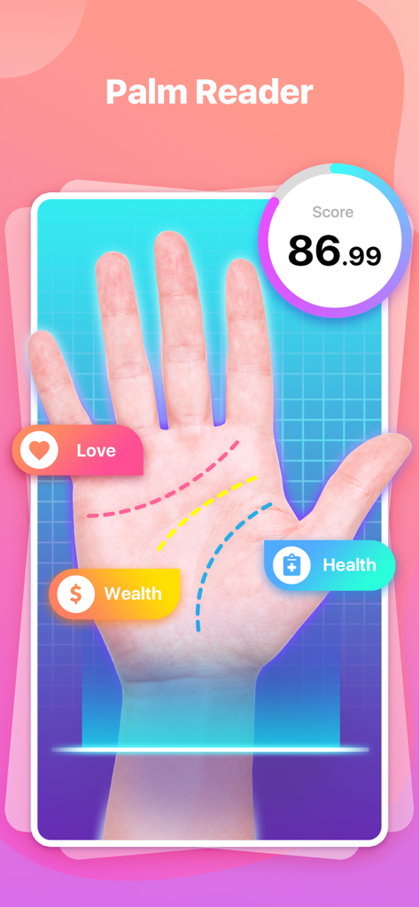 AI palm reader scan showing love wealth and health analysis lines