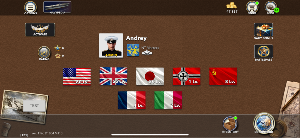 Naval Warship Tactics: Online - Player profile dashboard in Naval Warship Tactics Online showing progression levels for multiple WWII national fleets including USA UK and Japan