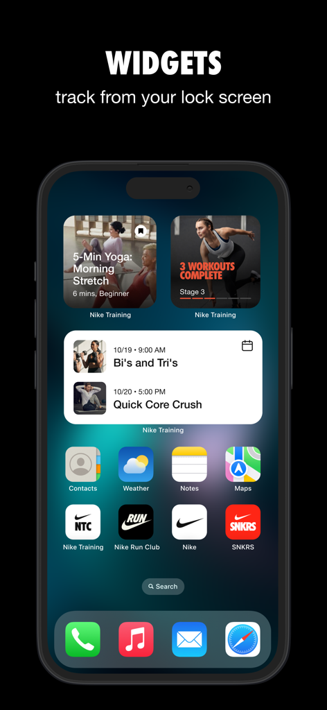 Nike Training Club - Widgets de iOS de Nike Training Club que muestran estiramientos matutinos de yoga, progreso de entrenamiento y sesiones de entrenamiento programadas.