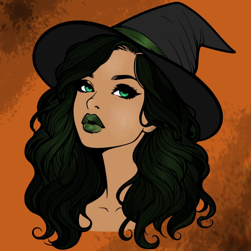 realistic witch girl with wavy hair and lips