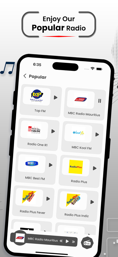 Mauritius FM Motivation - Interfaz de la aplicación Mauritius FM Motivation mostrando una lista de estaciones de radio populares de Mauricio, incluyendo Top FM y Radio Plus