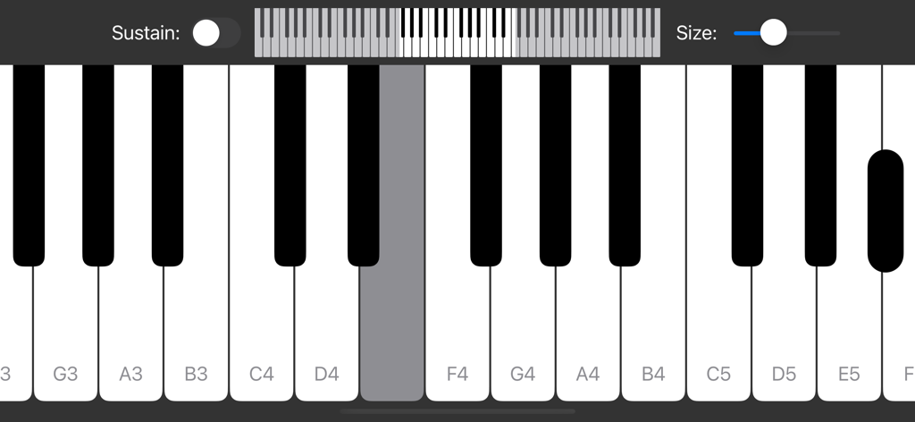 A minimalist virtual piano keyboard interface with labeled notes and settings for sustain and key size.
