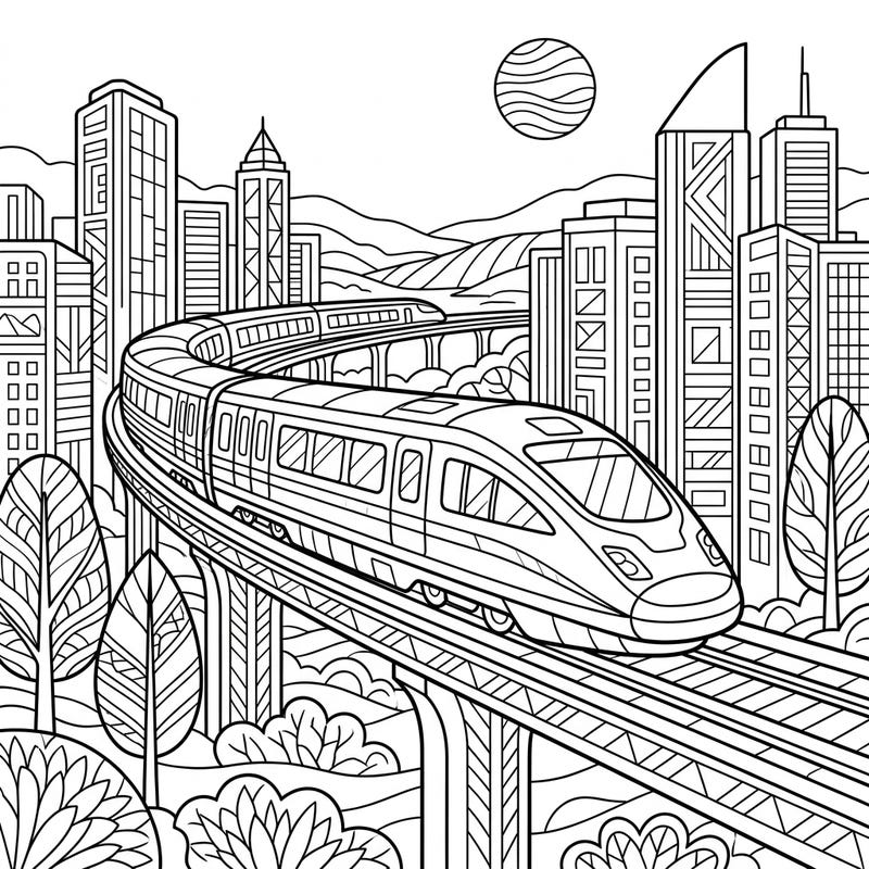 Embark on a captivating journey with our Maglev Train coloring page, specially designed for seniors. Its large print and clear outlines offer a relaxing and cognitively stimulating artistic experience.